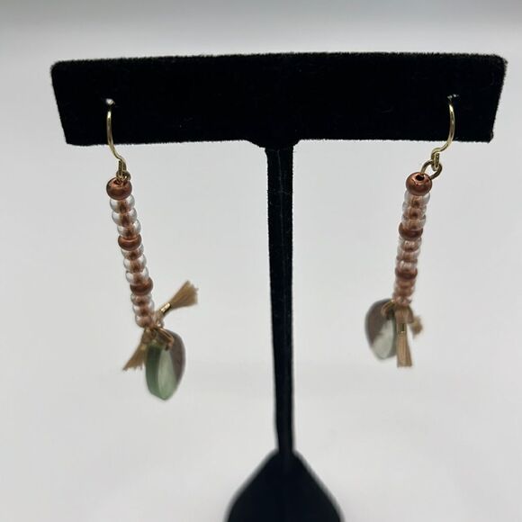 Gold Tone Boho 2.5” Earrings w/ Rose Gold/Clear Beads w/ Tassels & Charm - Picture 1 of 7